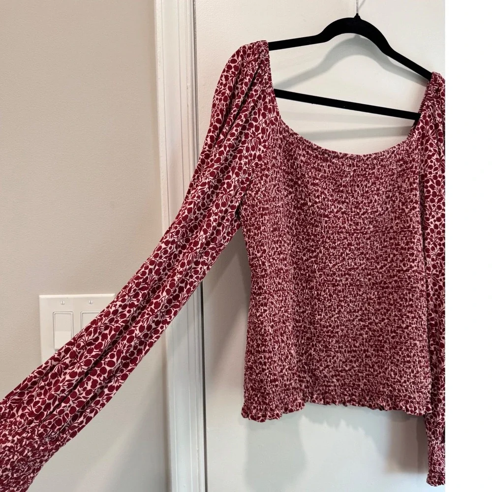Boden Burgundy Floral Smocked Square Neck Long‎ Sleeve Top Womens US 12